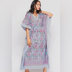 Fair trade Vegan  Women Owned Bohemian print Floral Kaftan Dress in Blue & Pink